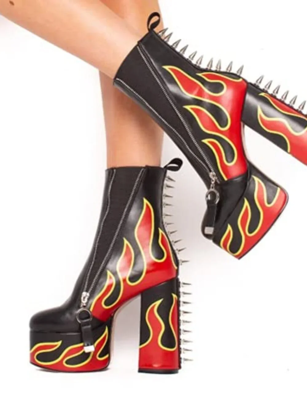 Faux Leather High Heels Rivets Ankle Boots Flames Totem Metal Zipper Thick